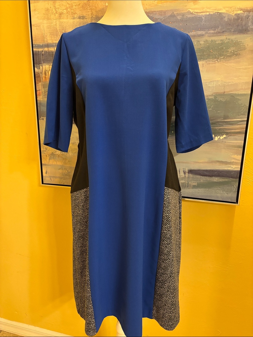 Perceptions Blue and Black Colorblock Midi Dress with Textured Panels